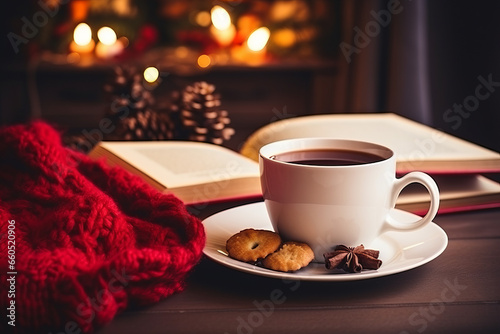 Hot tea or coffee in a red mug, ginger cookies, book and glasses on vintage wood table. Fireplace as background