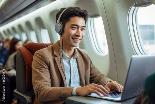 Traveler using laptop on a long-haul flight  © fotogurmespb