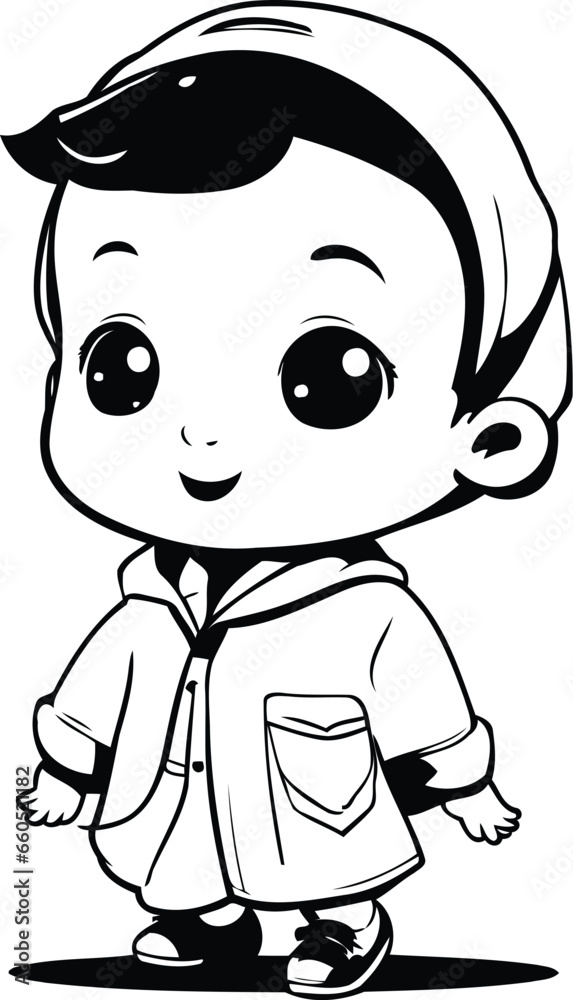 cute little boy cartoon vector illustration graphic design in black and white