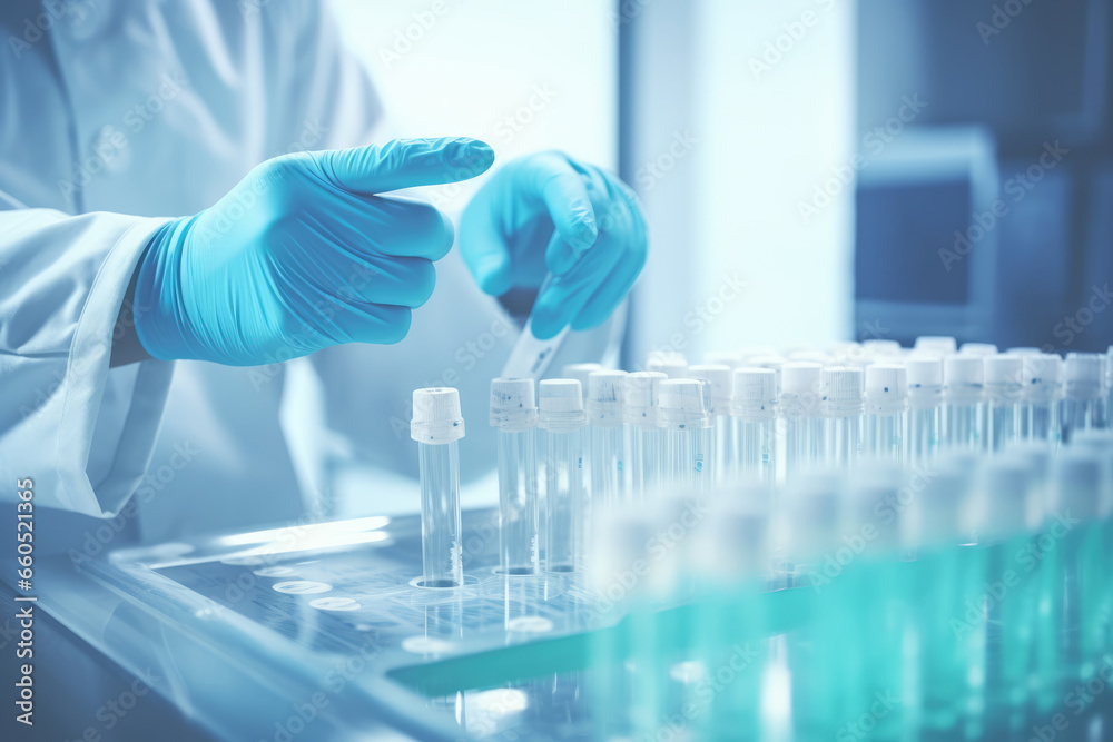 Medical Gloves Handling Test Tube Vials in Laboratory, Vaccine, Covid - Generative AI Medical Gloves Handling Test Tube Vials in Laboratory, Vaccine, Covid - Generative AI