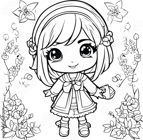Cute little girl with flowers. Vector illustration for coloring book.