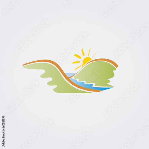 Icône Nature, Paysage, Feuillage, Feuilles et Gouttes d'eau Design Bleu Vert Couleurs pour Logo Design Vert Business Jardinage