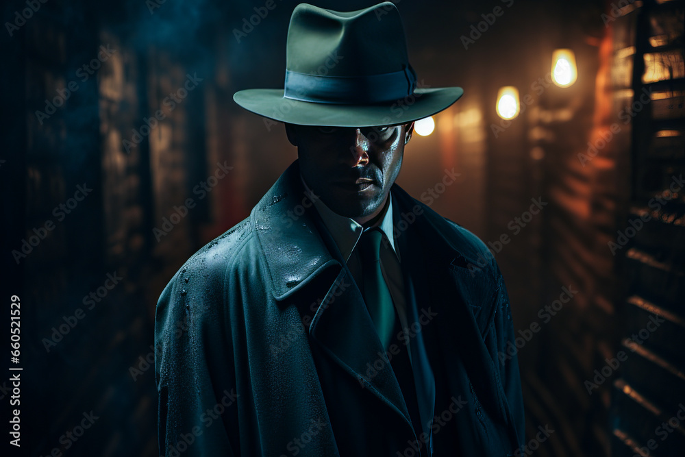 Intriguing solitary man in dark coat and fedora, hidden within shadowy, dimly-lit alleyway.