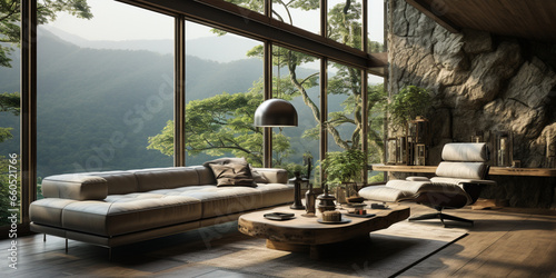 Interior Design  Minimalistic Living room with serene nature view  Beautiful villa design in the forest