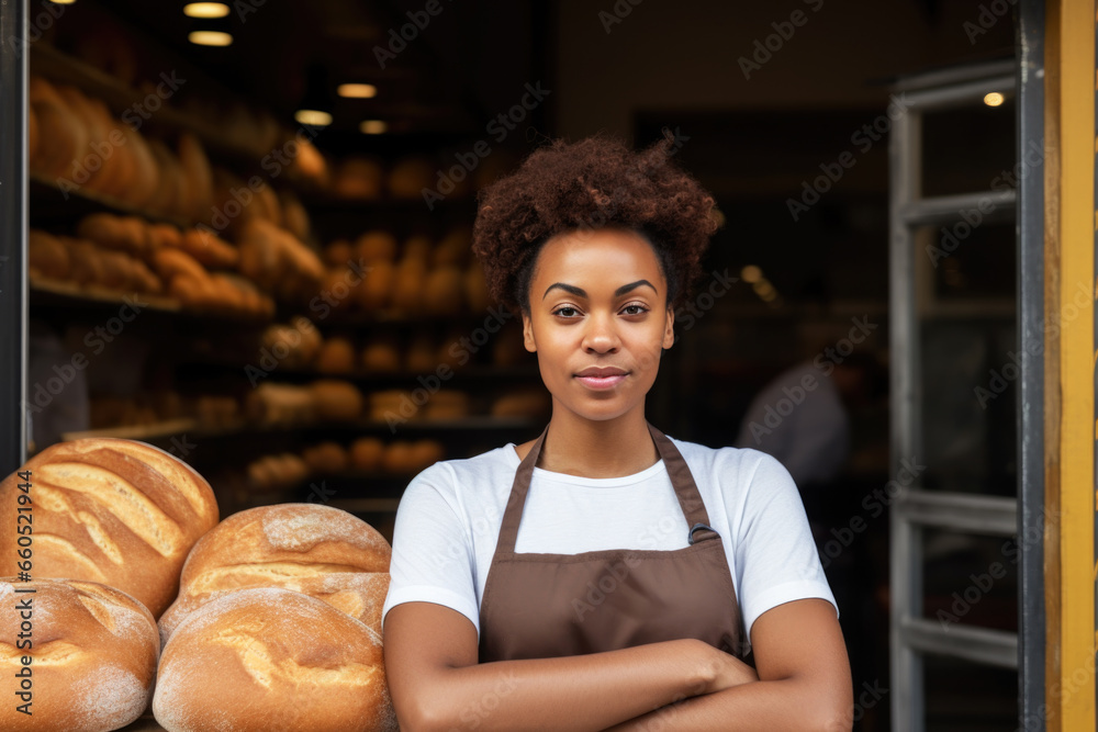 Portrait of a happy smiling African american woman bakery shop owner