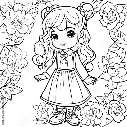 Cute little girl in a dress with flowers. Coloring book for adults