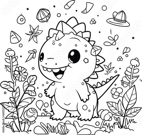 Coloring page for children. Cute dinosaur in the jungle.