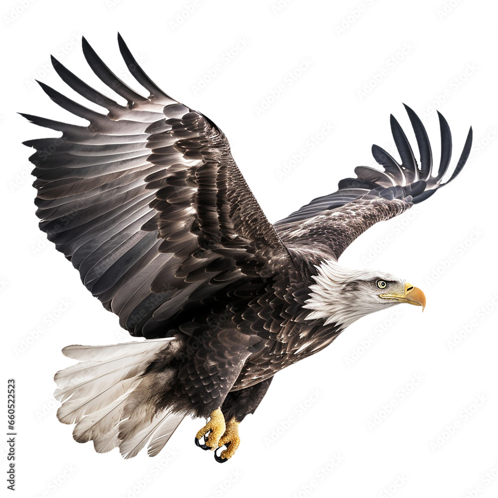 Obraz premium An American eagle flies gracefully on a transparent background.