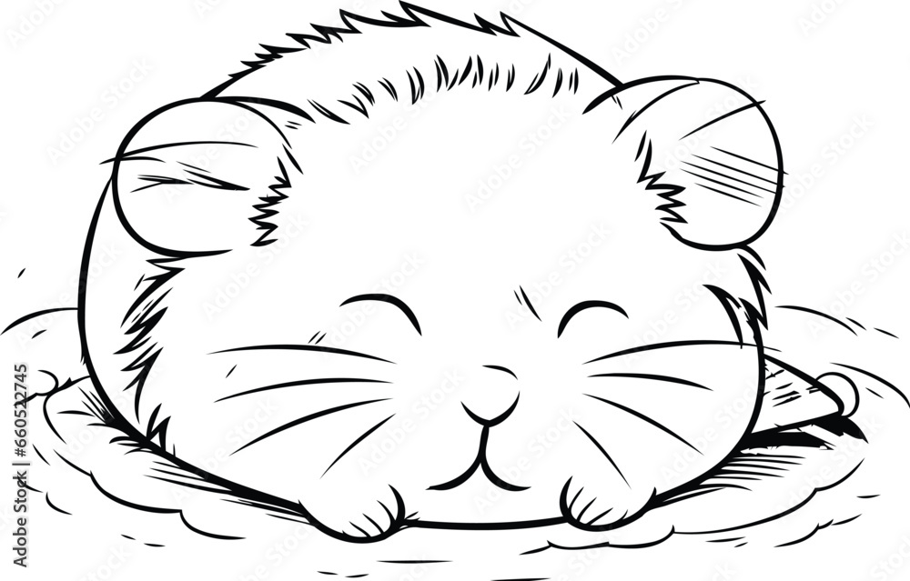 Cute hamster sleeping on the ground. black and white vector illustration