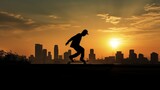 A teenager skateboards at dawn, silhouetted against a city skyline and the rising sun. The image captures the spirit of youthful freedom and urban life.