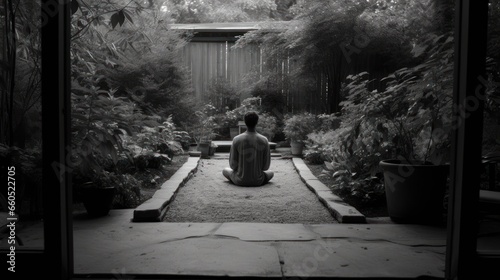 A man practices yoga in a quiet backyard at dawn, captured in a serene black and white photo. The image evokes a sense of peace and mindfulness. © whozaini