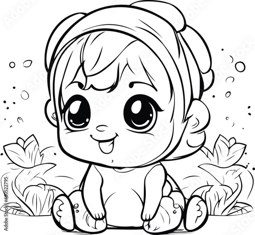 Cute little girl sitting on the grass. Vector illustration for coloring book.