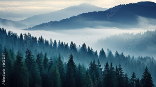 A serene and mystical landscape with mist surrounding a dense fir forest in raw style. © Szalai