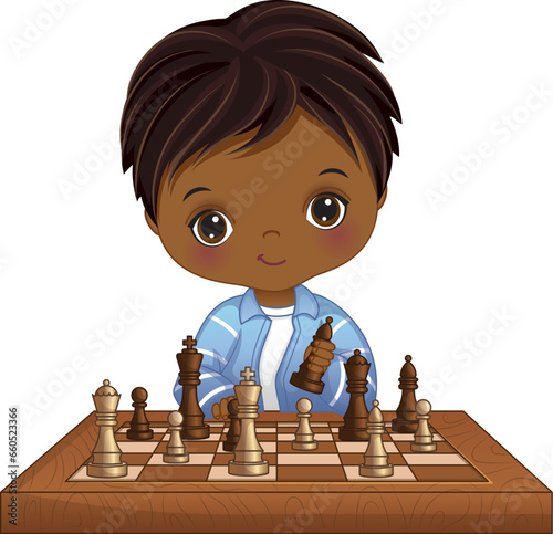 Vector Cute Little African American Boy Playing Chess