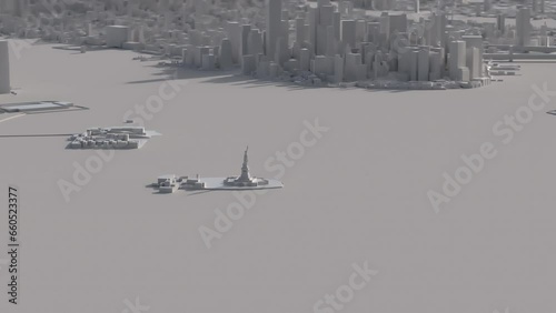 White 3D model of New York with the Statue of Liberty in the middle and manhattan in the background. Rotating camera with depth of field.