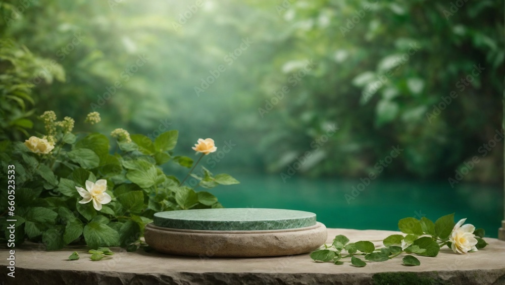 Natural stone podium in natural background with green leaves in the green jungle. Empty showcase for packaging product presentation. Background for cosmetic products. Mock up pedestal. - obrazy, fototapety, plakaty 