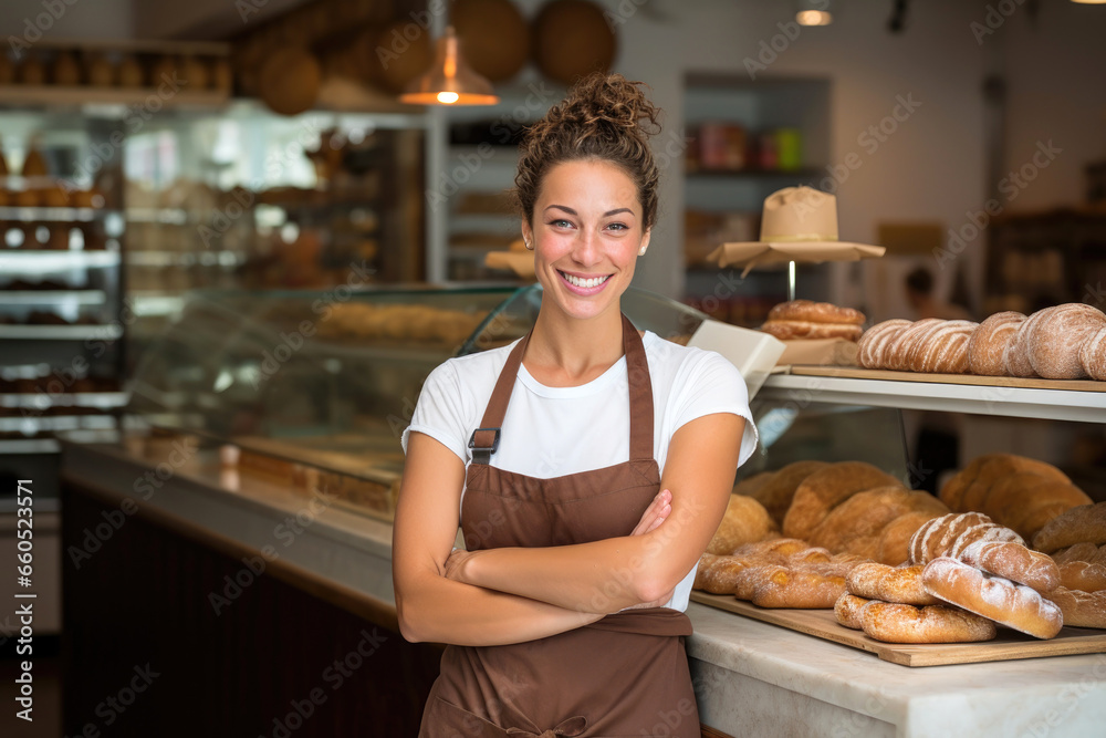 female baker standing in bakery with arms crossed female baker standing in bakery with arms crossed