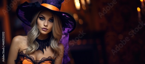 Beautiful Woman in the Violet and Orange Halloween Style - Halloween Backdrop with Empty Copy Space for Text and Ads - Halloween Girl Violet and Orange Background created with Generative AI Technology