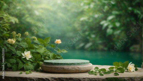 Natural stone podium in natural background with green leaves in the green jungle. Empty showcase for packaging product presentation. Background for cosmetic products. Mock up pedestal. photo