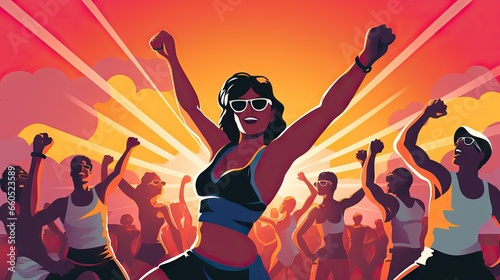 A vintage photo from the 80s captures a group energetically dancing to aerobic music, embodying the fitness craze of the decade. Generative AI.