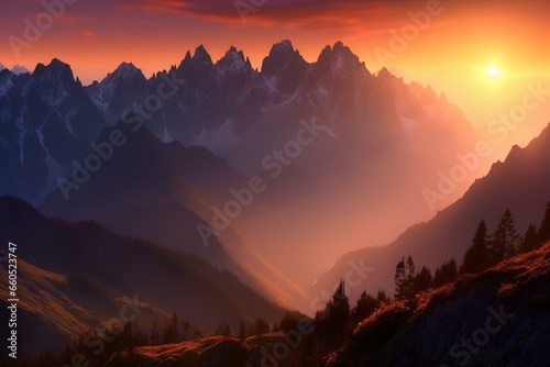 Mesmerizing sunrise amidst towering peaks. Enchanting artwork. Generative AI