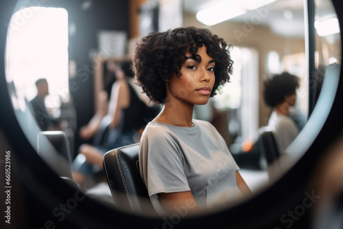 Portrait of a young black woman looking at her new haircut in mirror in the hair salon