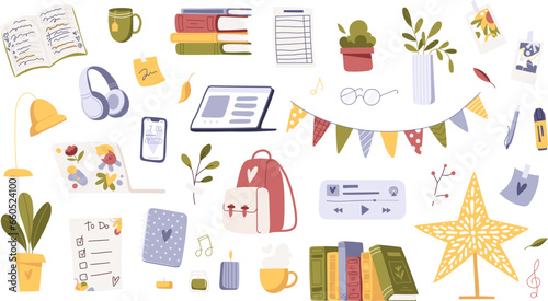 Big set of school supplies. Aesthetics of study. Educational clipart collection. Home cozy items for creating an interior. Flat vector illustration isolated on white background