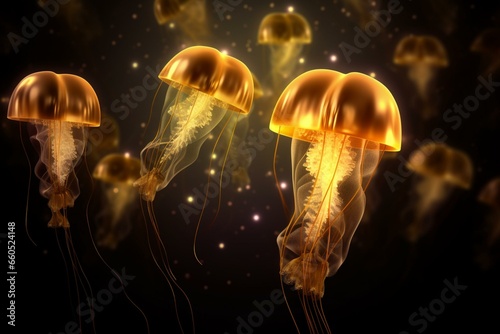 Abstract background with golden jellyfish and white light. Generative AI