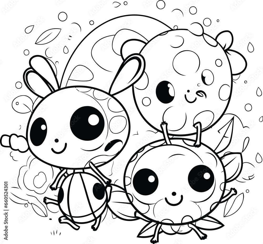 Black and white coloring page with cute cartoon ladybugs. Vector illustration.