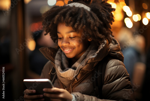 boy reading a book, boy using a cell phone, happy, christmas