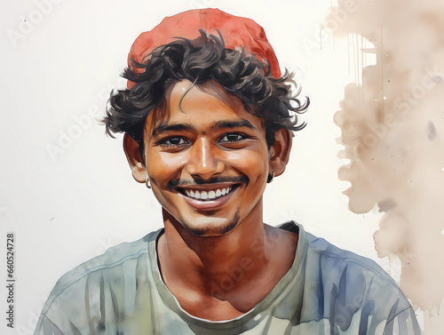 Watercolor portraite of yang punjabi man. Indian people. Illustration. Smiling indian man
