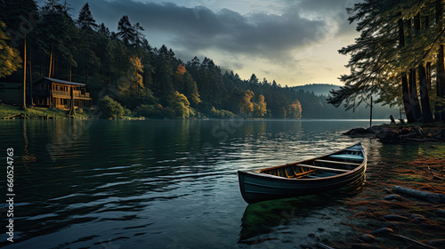 calm landscape, empty wooden boat on a foggy lake © ZoomTeam