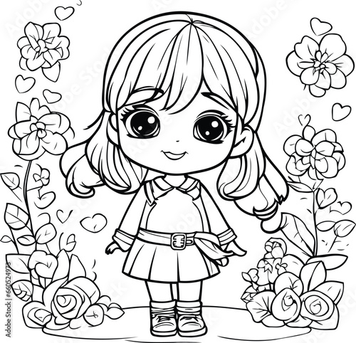 Cute little girl with flowers. Vector coloring page for children.