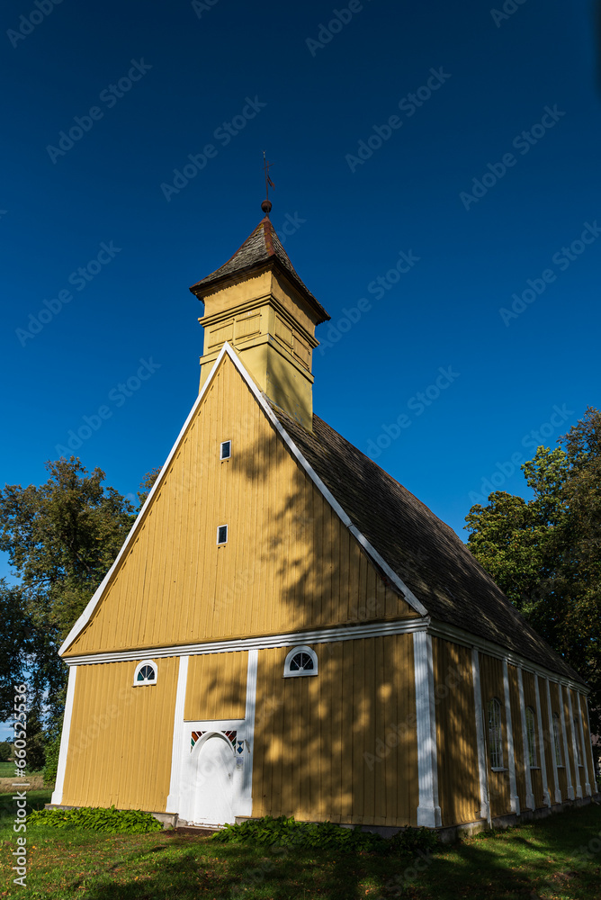 Fototapeta premium Beautiful wooden Catholic church, Livberze, Latvia.
