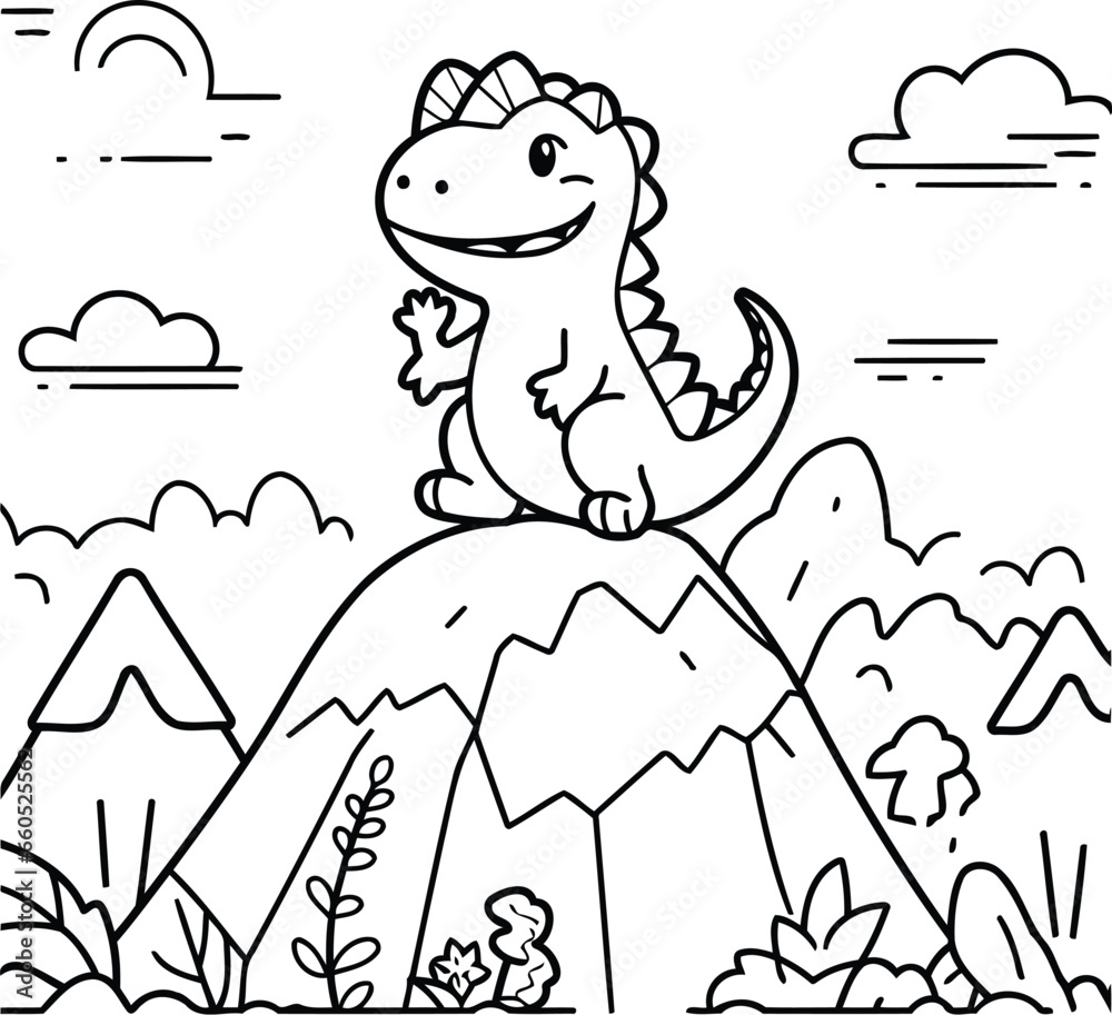 Cute cartoon dinosaur sitting on the top of the mountain. Vector illustration.