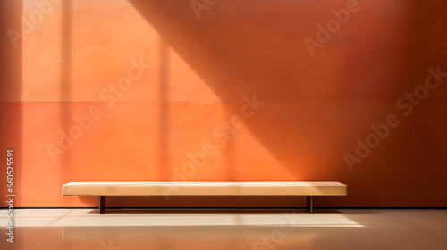 Empty Room with a Bench at the Front orange wall, in the style of abstract luminous shadows