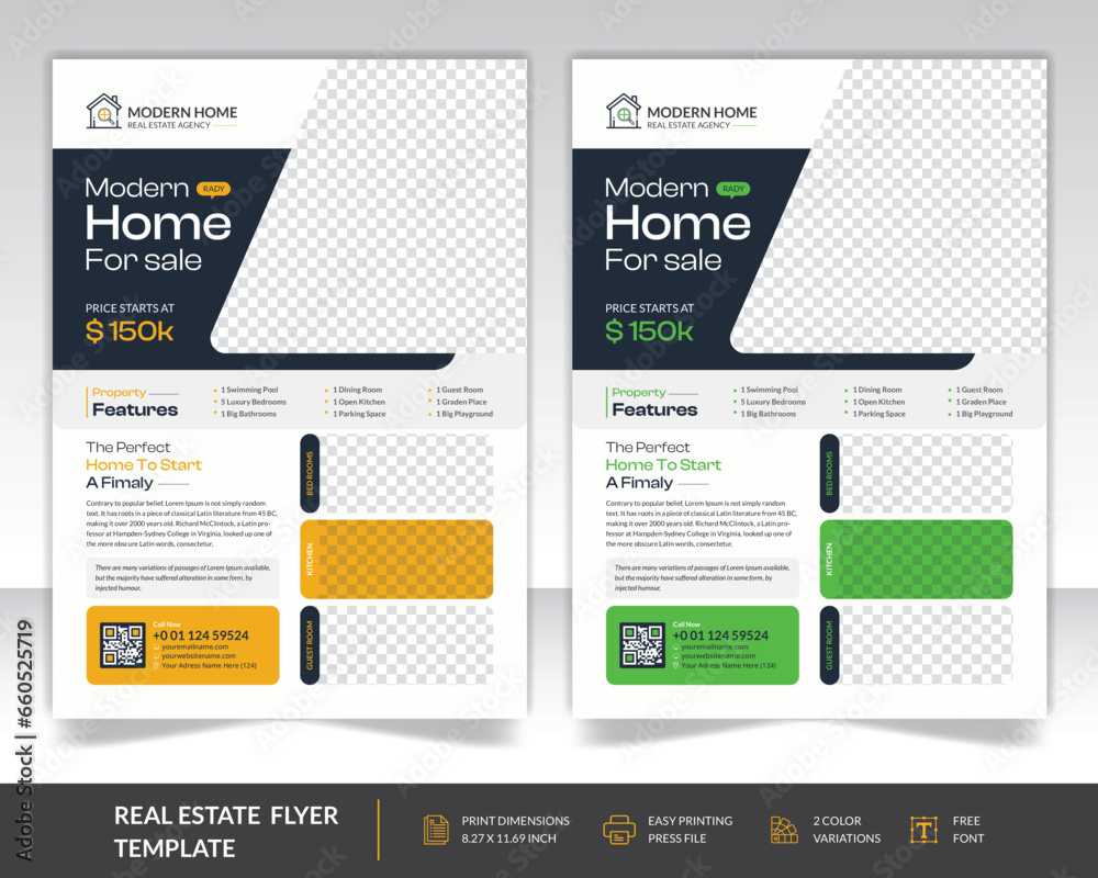 Real Estate Flyer with Orange and green color design, Interior Design Flyer Template