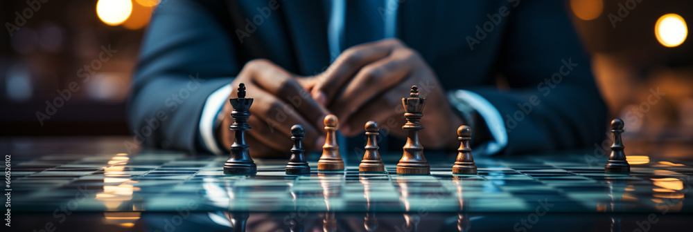 Businessman control chess game, Business strategy management Concept, development new strategy plan, leader and teamwork, planning for competition - obrazy, fototapety, plakaty 