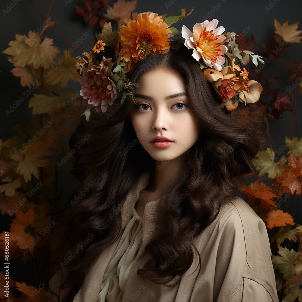 Portrait of asian girl with autumn wreath on her head. AI Portrait of asian girl with autumn wreath on her head. AI