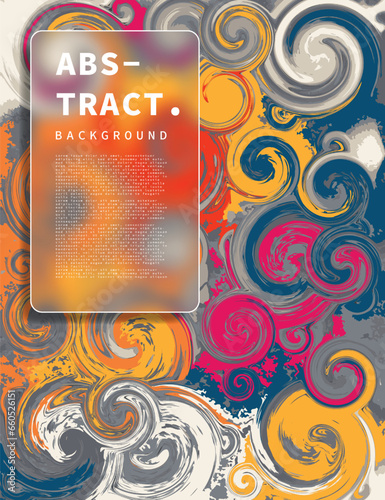 Colorful swirl, fluid and liquid marble background with glassmorphism frame. Colorful and groovy backdrop design with blurred squre frame. Suitable for presentation, cover, magazine, or poster.