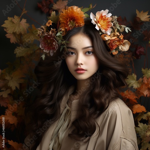 Portrait of asian girl with autumn wreath on her head. AI