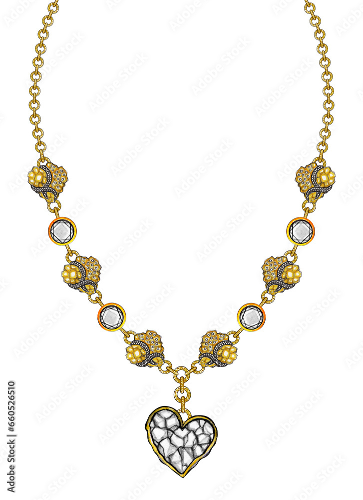 Fototapeta premium Jewelry design modern art heart necklace hand drawing and painting on paper.