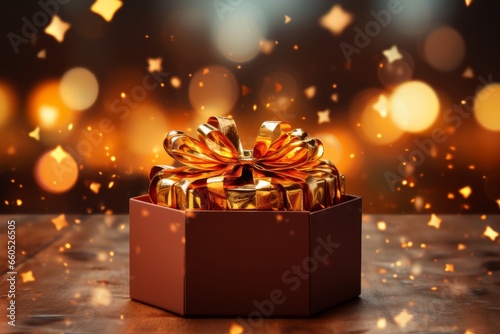 Photo of a beautifully wrapped Christmas gift box with a luxurious gold bow on a vibrant red background created with Generative AI technology