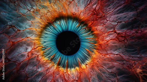 macro shot of human retina, nebula, symetrical, vibrant color photo