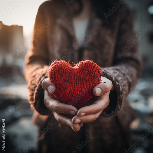 Close-up view at hand hold dirty red knitting heart and blur background of collapse city is destroyed by war. Love against war concept.
