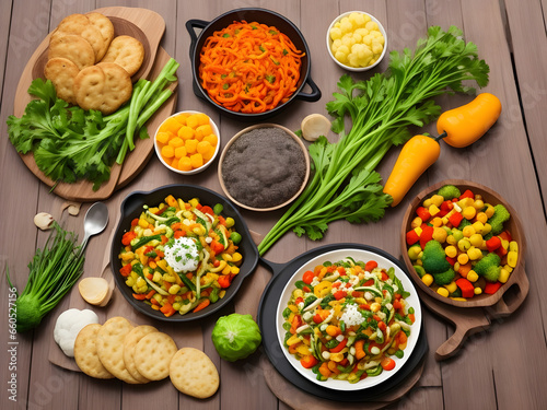 Different types of Fresh and healthy cooked vegetables on wooden table. Image is generated with the use of an Artificial intelligence