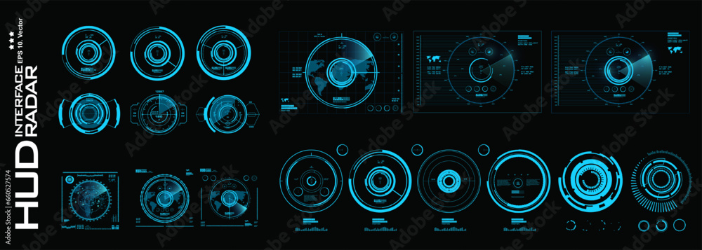 Big collection of air targets and radar and navigation devices. Devices for geolocation swarms and destroying objects on the map. Digital targets or HUD sights