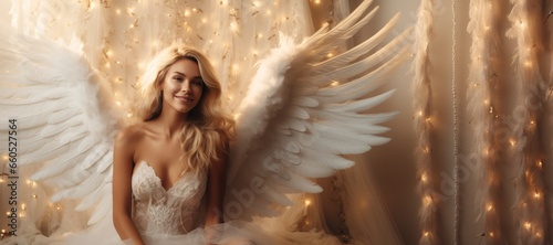 Beautiful Smiling Female Holy Golden White Angel Background - Woman Angel with Empty Copy Space for Text and Ads - Beautiful Smiling Female Angel Wallpaper created with Generative AI Technology