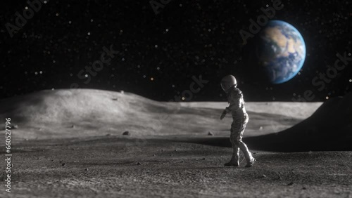 A male astronaut performing a moonwalk dance on the surface of the Moon against the background of the Earth. 3d animation