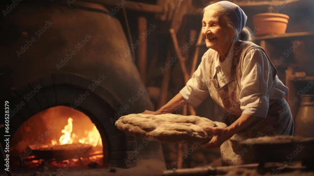 Grandmother bakes pies in a stone oven